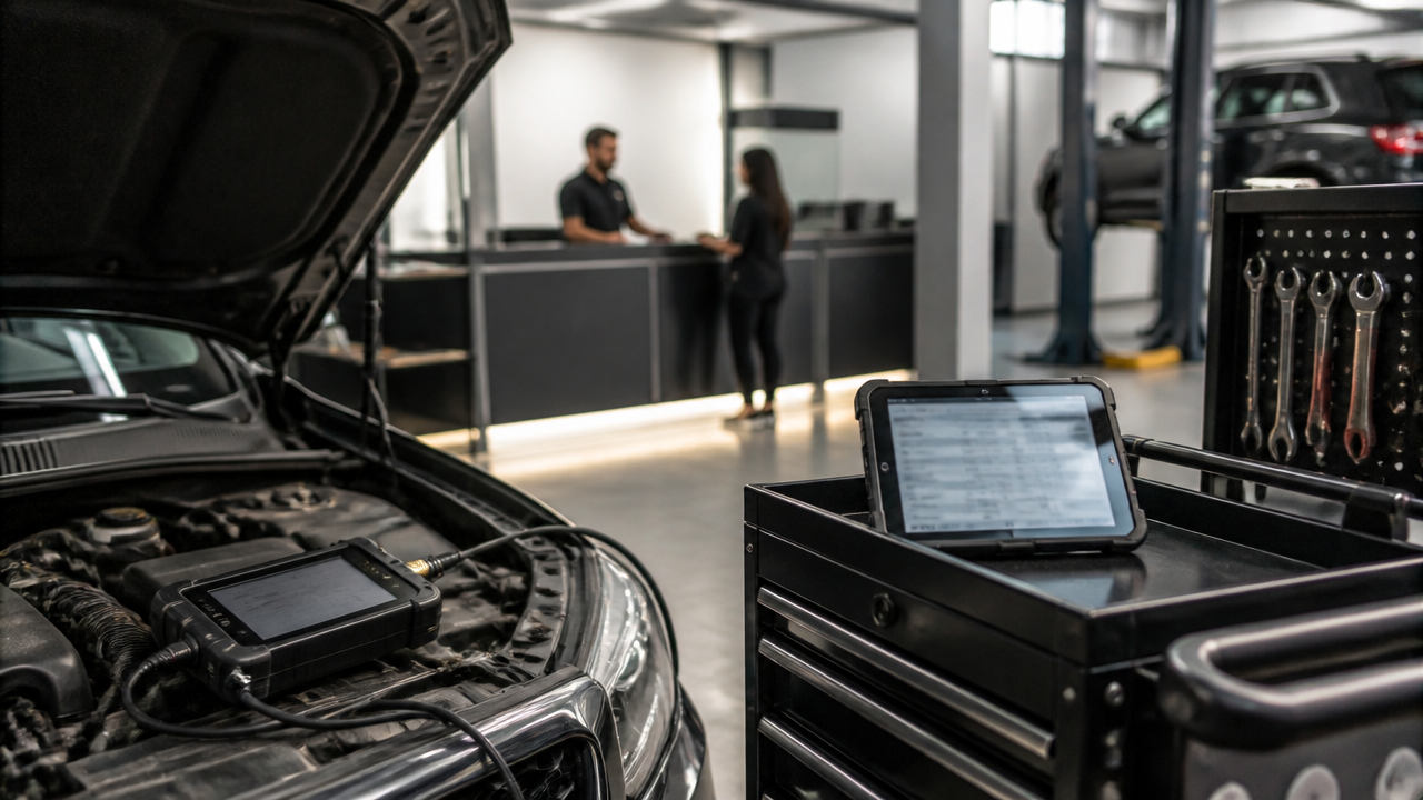 Área de diagnóstico automotivo com scanner, carrinho de ferramentas e processo organizado na oficina.