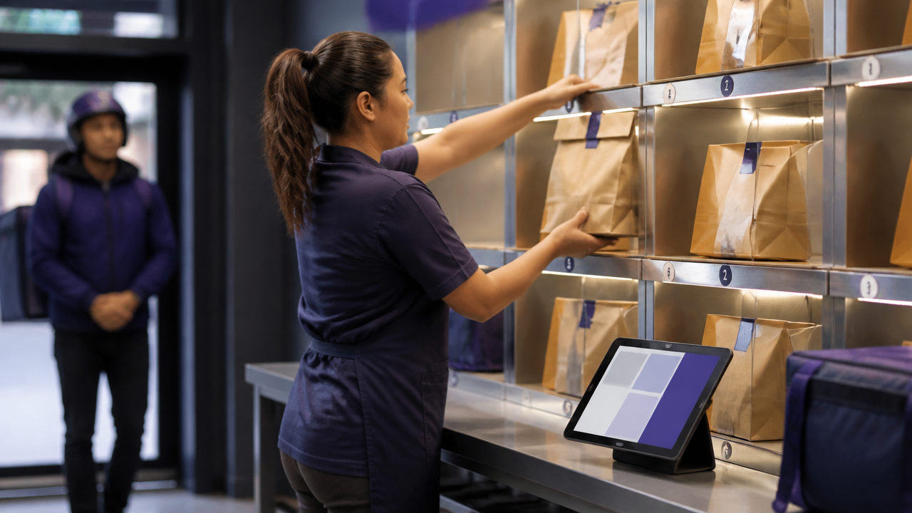 Área de retirada organizada com pedidos separados para evitar atrasos no delivery