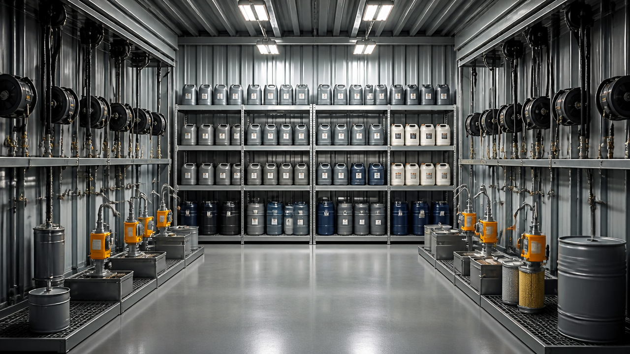 Área organizada de armazenagem e manuseio de lubrificantes industriais com controle de contaminação.