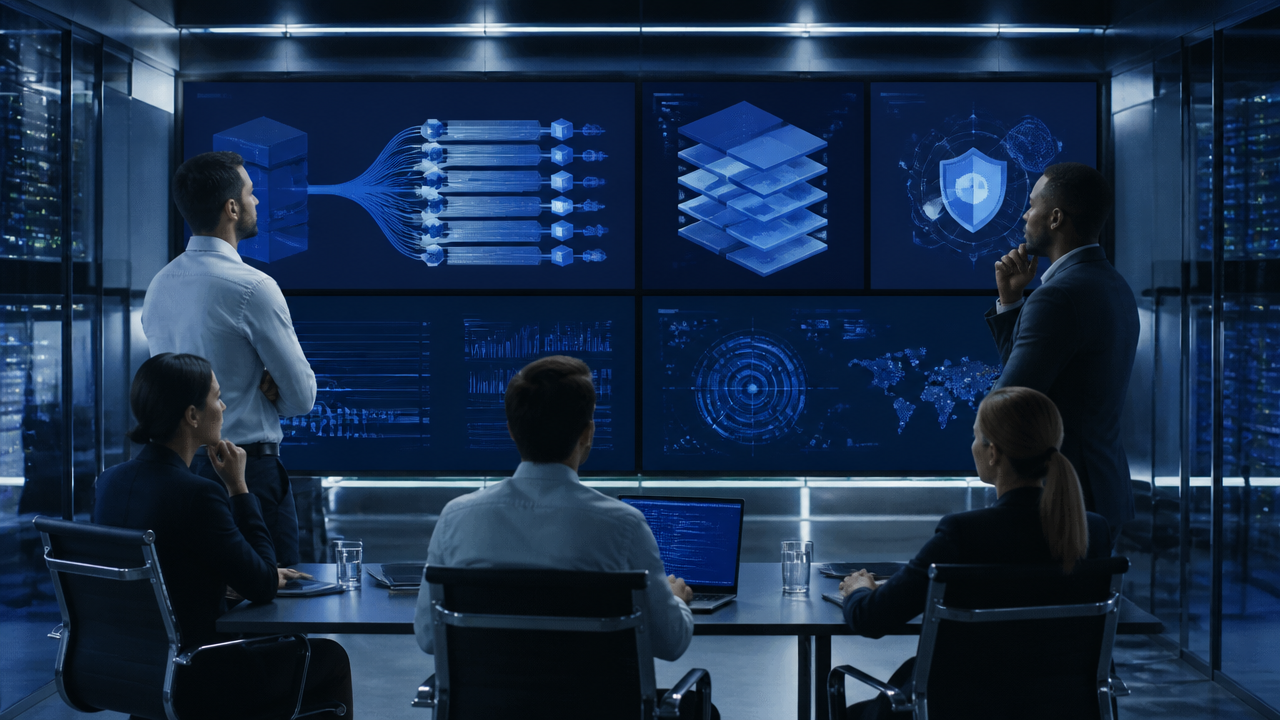 Arquitetos de tecnologia definindo integrações, dados e controles de segurança para operação de IA