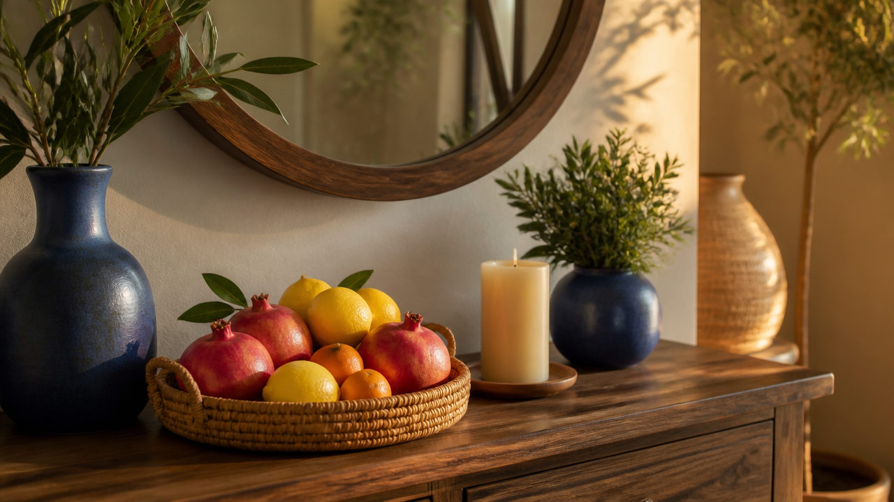 Arranjo com frutas cítricas e romã em aparador organizado, usado para decorar a casa com intenção de prosperidade