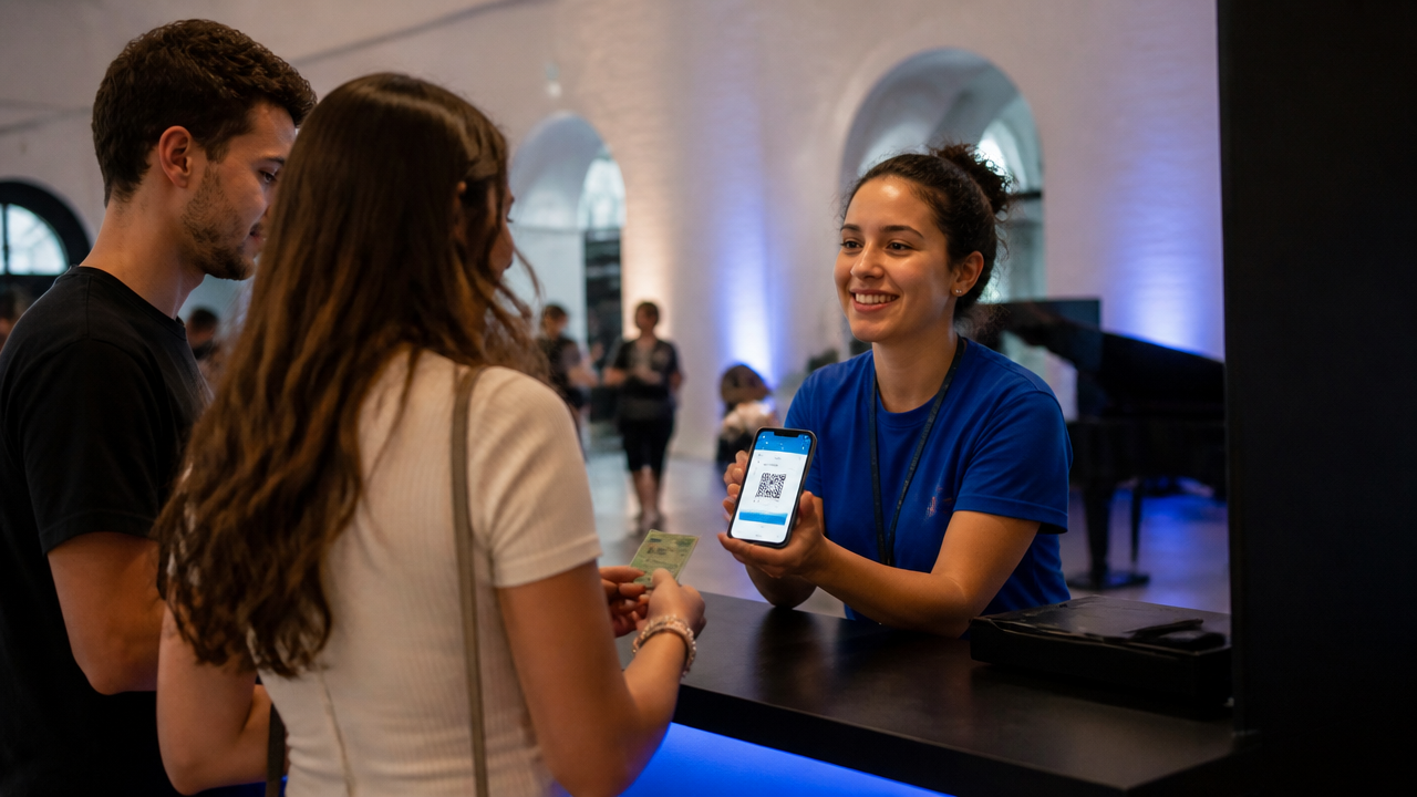 Atendente de evento conferindo documento e ingresso digital para meia-entrada na bilheteria