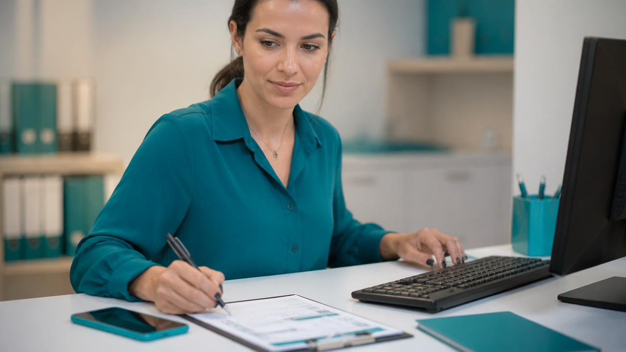 Atendente do financeiro escolar revisando checklist para enviar aviso de cobrança claro