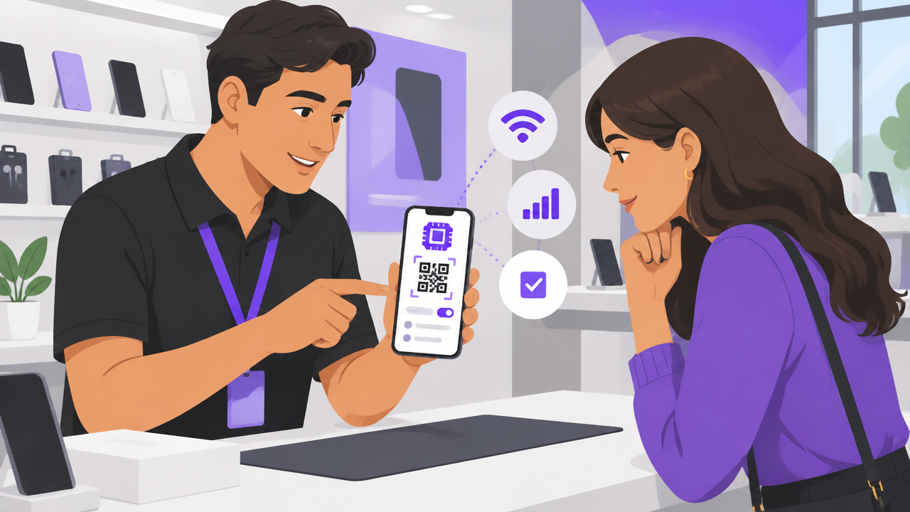 Atendente e cliente verificam a compatibilidade e ativação de um eSIM em um smartphone