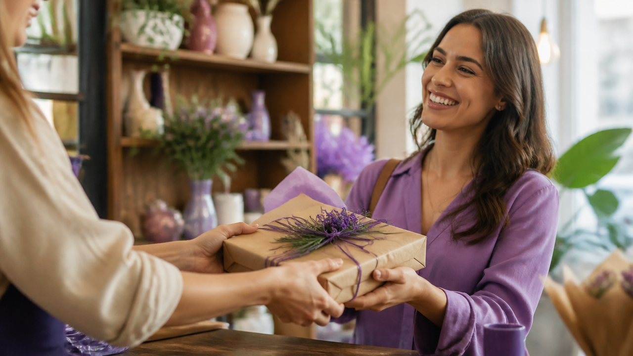 Atendente entregando um pedido com cuidado a uma cliente satisfeita em negócio local