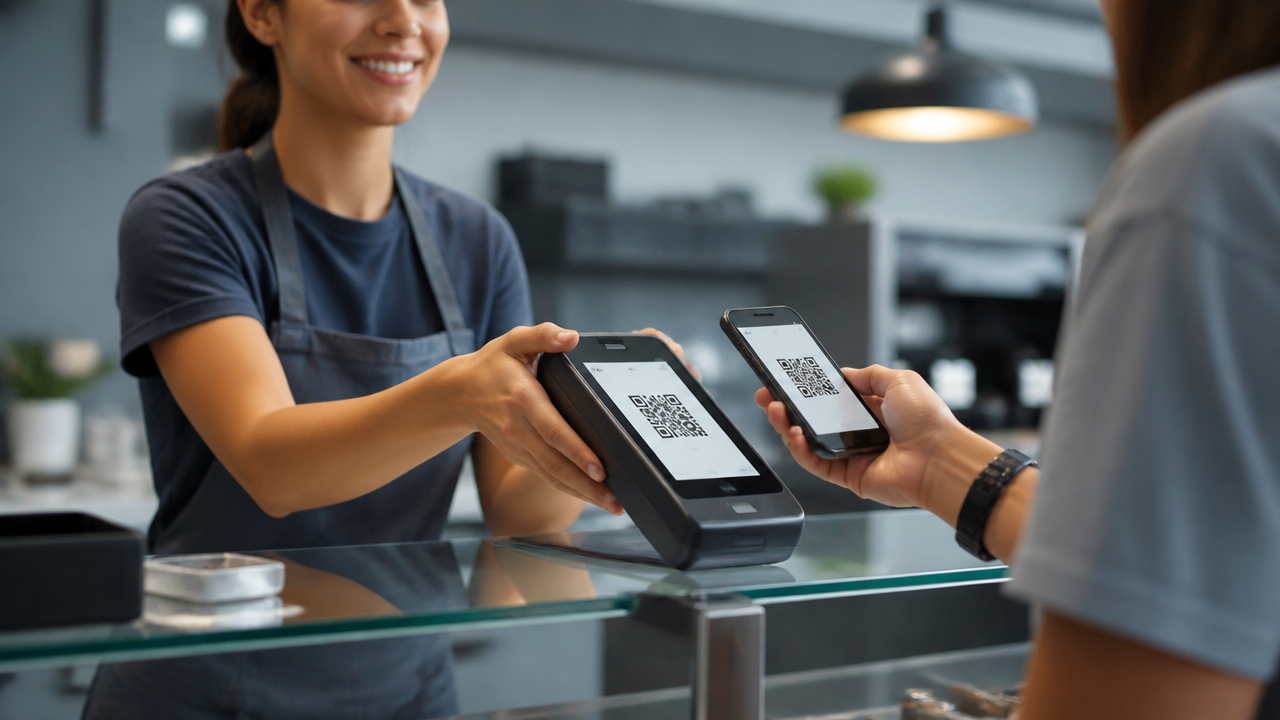 Atendente finalizando pagamento rápido com terminal e QR code em pequeno negócio