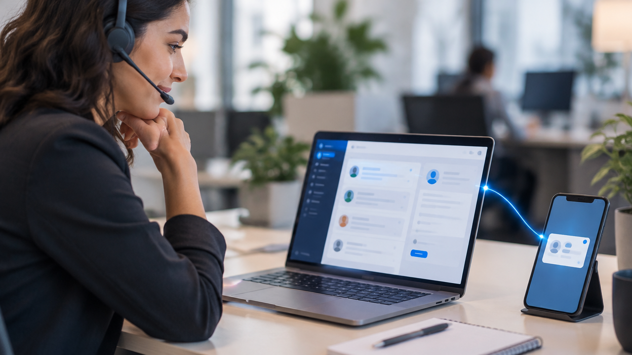 Atendente recebendo um novo contato no celular e organizando os dados do cliente em um painel de CRM