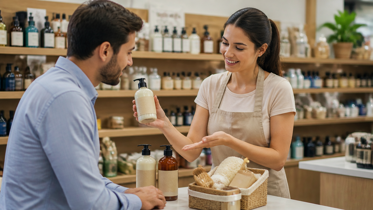 Atendimento consultivo em loja física com sugestão de produtos complementares no balcão