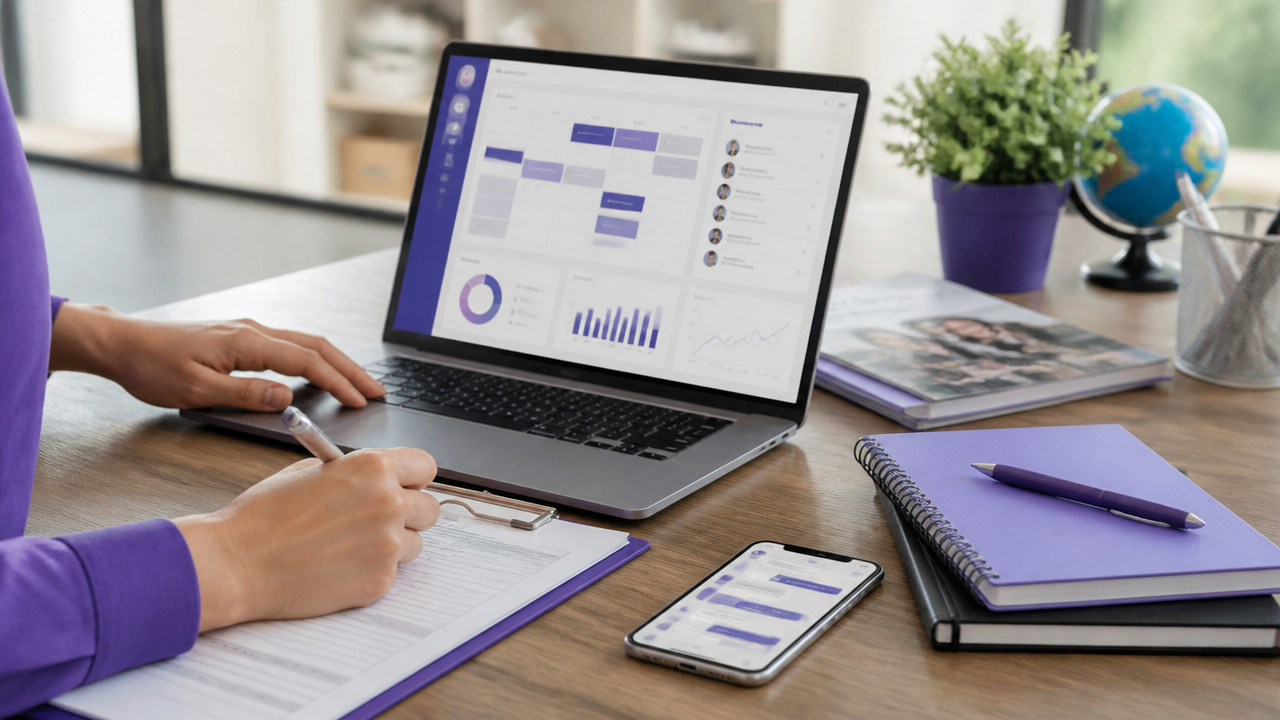 Atendimento de matrícula em escola de idiomas com agenda, contratos e financeiro digital