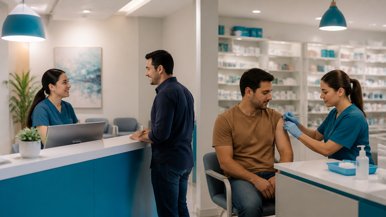 Atendimento em clínica ou farmácia para orientação sobre onde tomar a vacina da gripe nos Estados Unidos
