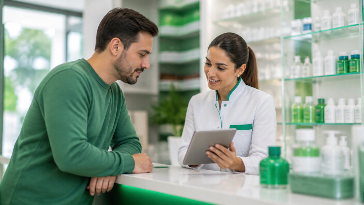 Atendimento em farmácia registrando dúvidas e pedidos recorrentes dos clientes