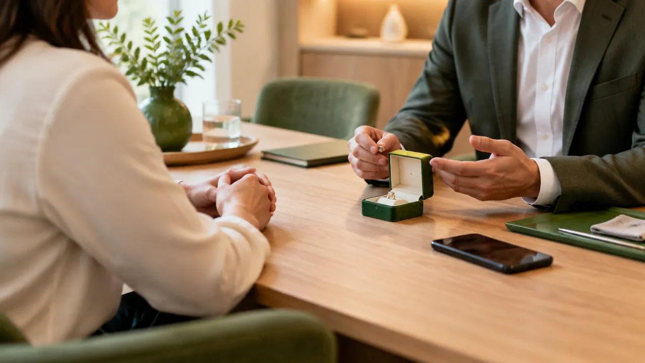 Atendimento privado para avaliação de joias, com cliente e especialista em ambiente discreto