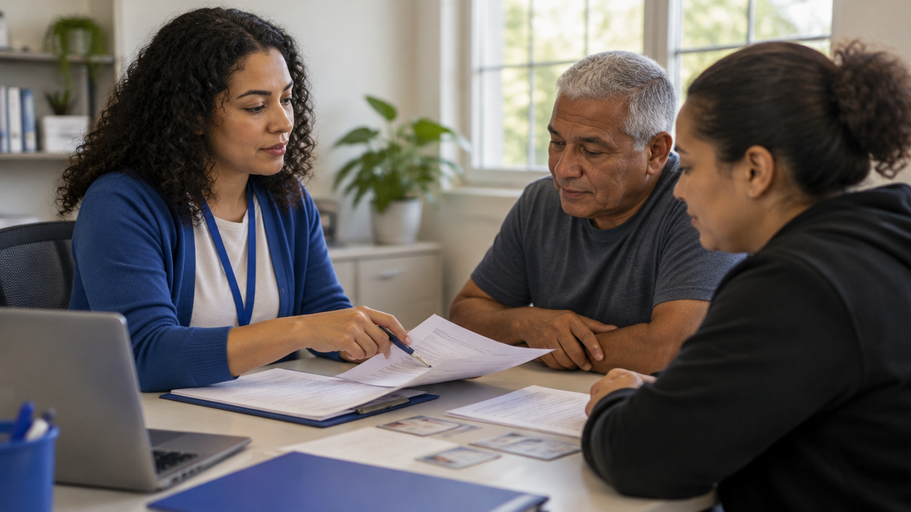 Atendimento social em que uma família organiza documentos para atualizar o CadÚnico