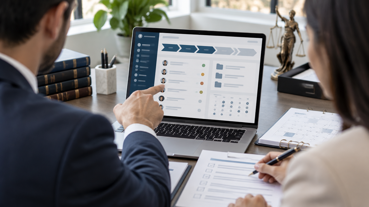 Attorney and paralegal evaluating case workflows and deadlines on a laptop
