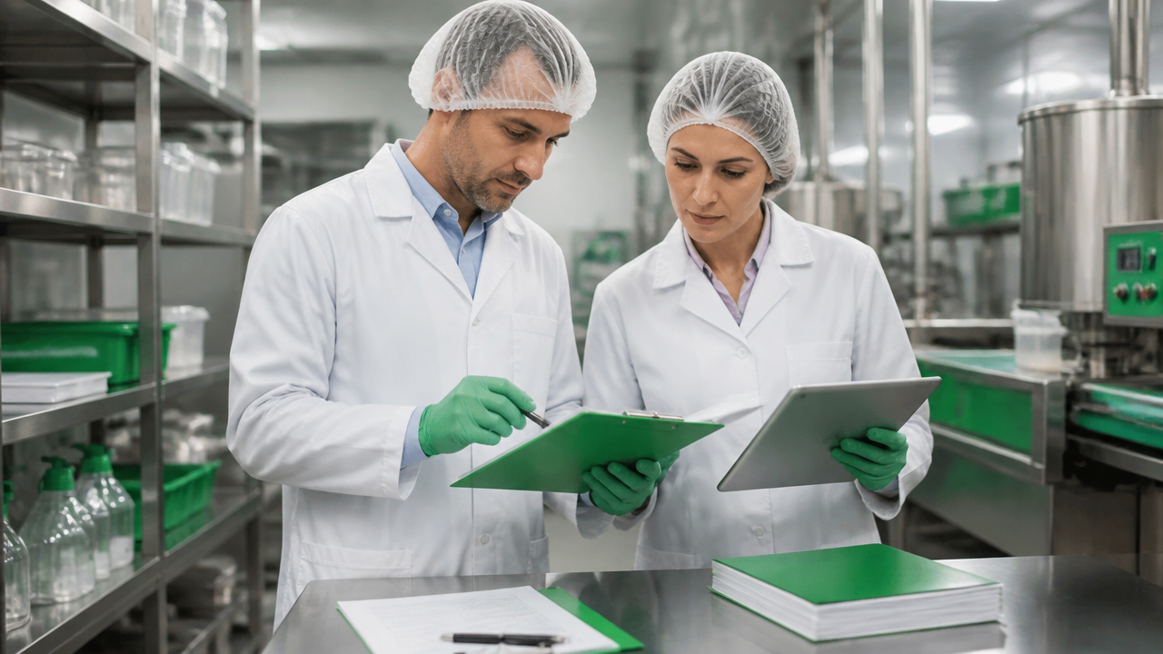 Auditor e gerente de qualidade revisando registros antes de certificação em fábrica de alimentos