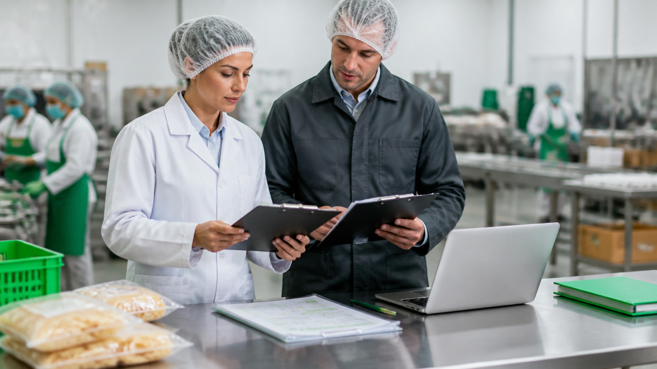 Auditoria documental com registros de segurança de alimentos e produção ao fundo