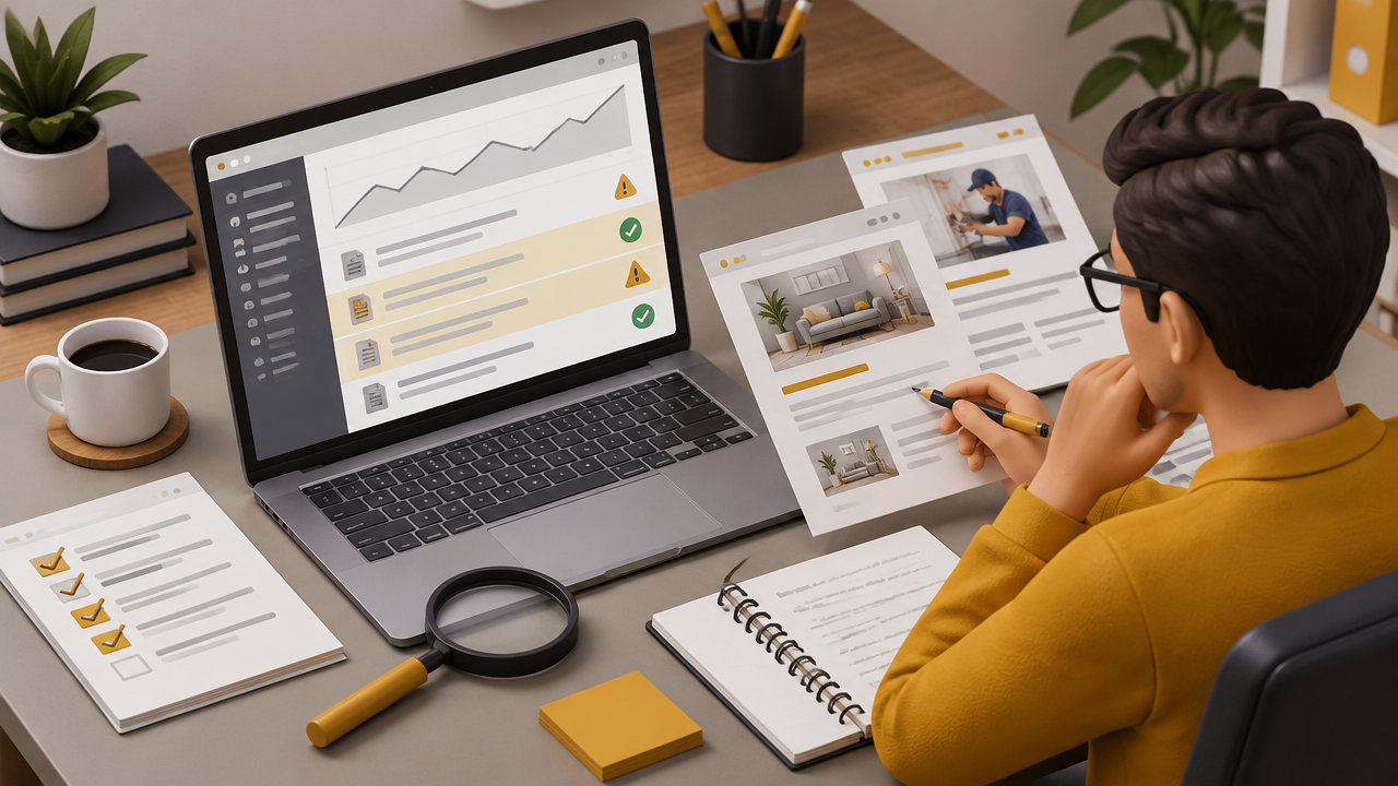 Auditoria isométrica de páginas de um site com painel genérico, checklist e documentos de revisão