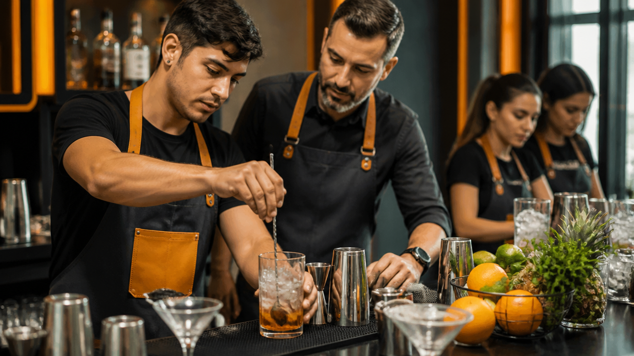 Aula prática de coquetelaria com aluno treinando técnicas de bartender em bancada profissional.