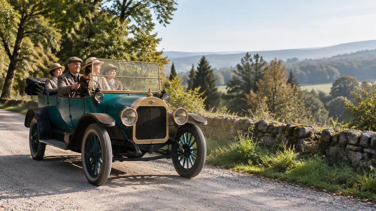 Automóvel aberto antigo de vários lugares representa o sentido histórico de carro de turismo