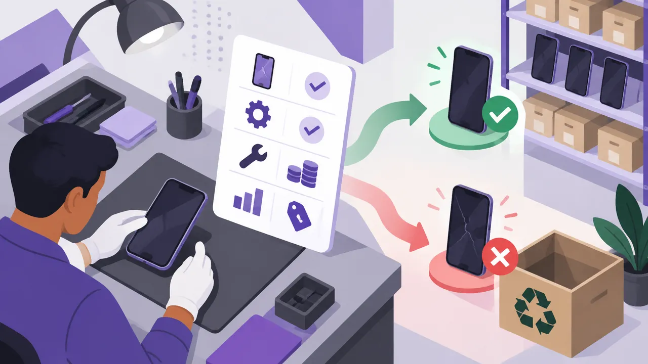 Avaliação de celular usado com critérios de condição, custo de reparo e destino para revenda ou descarte responsável