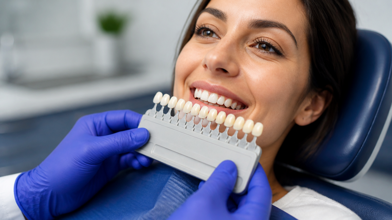 Avaliação de cor dos dentes antes de clareamento dental com dentista e paciente