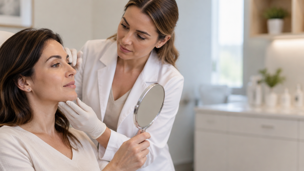 Avaliação facial individualizada com paciente e profissional em consulta estética