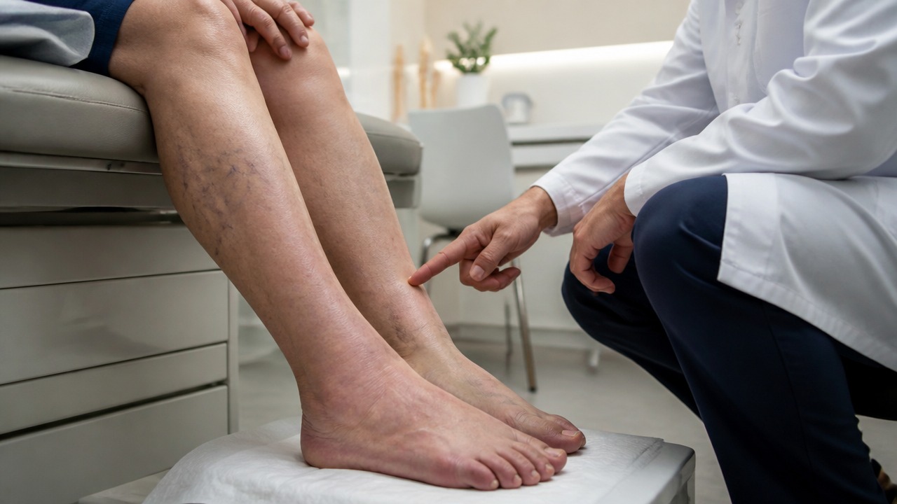 Avaliação médica de pernas com inchaço leve e desconforto em consultório vascular