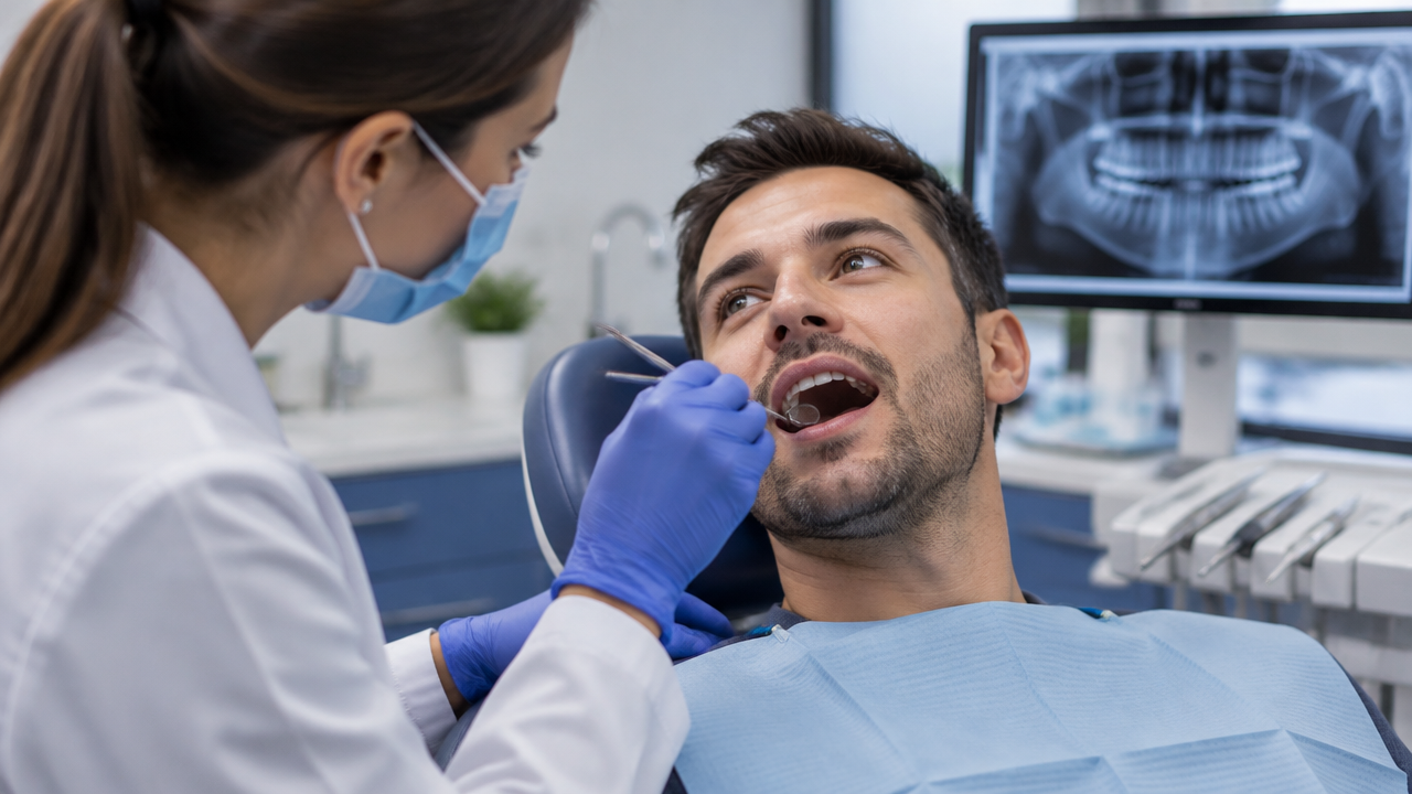 Avaliação odontológica e radiografia para investigar dor e inflamação em um dente