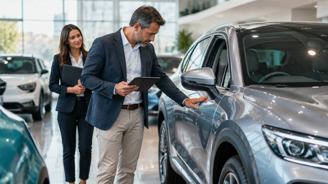 Avaliador de concessionária inspeciona um carro seminovo antes de definir uma proposta de compra