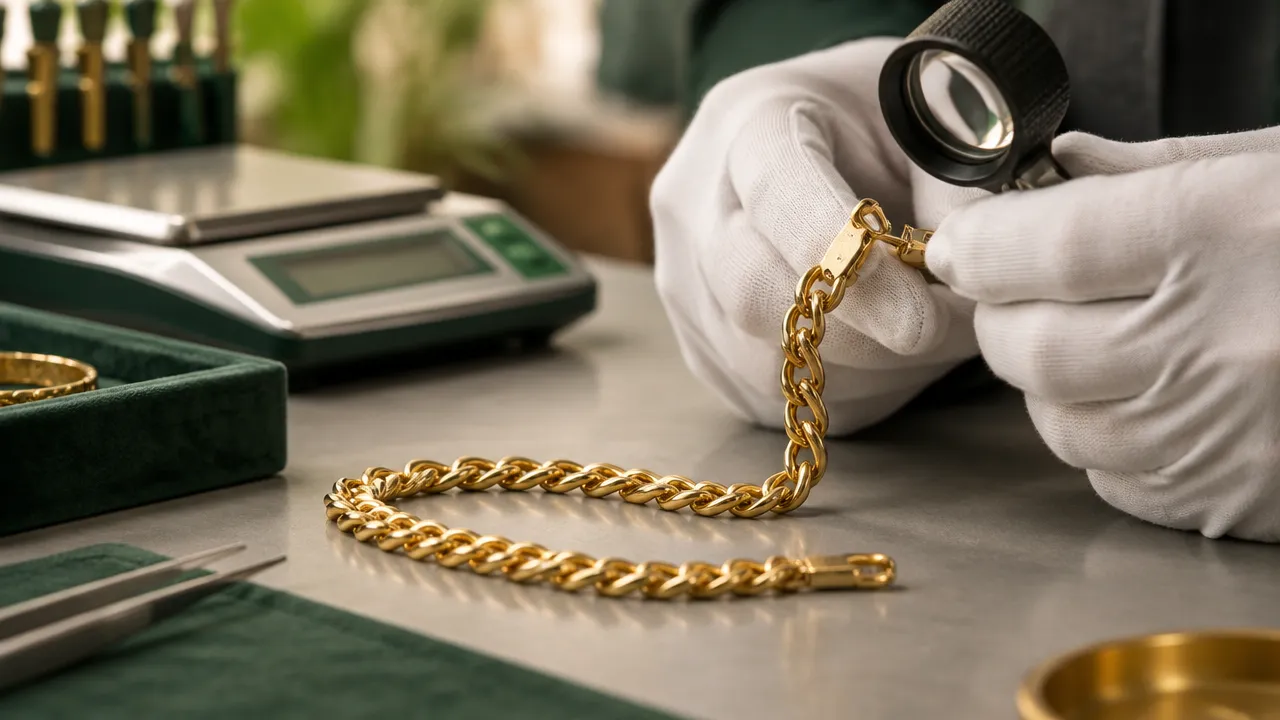 Avaliador examinando uma joia de ouro e conferindo suas características
