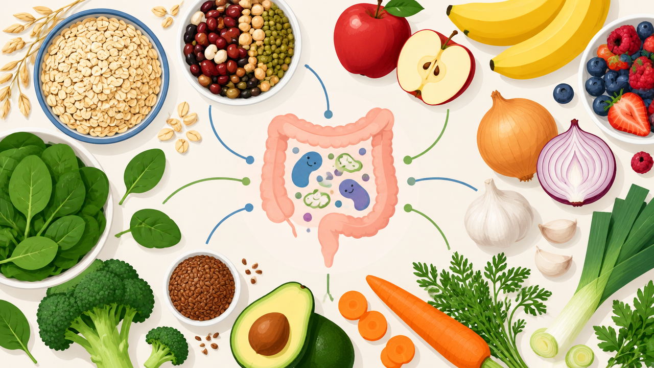 Aveia, feijões, frutas, verduras, alho e cebola ilustrados ao redor de um símbolo da microbiota intestinal.
