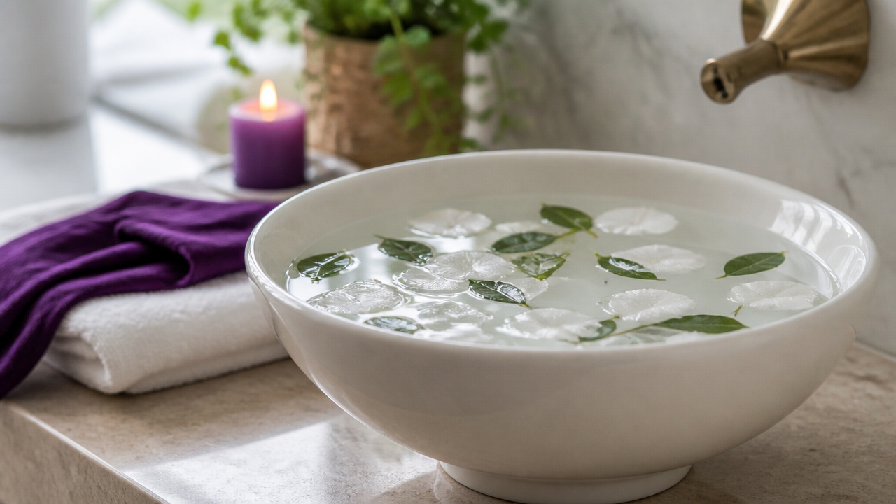 Bacia com água, pétalas e ervas em ambiente calmo, representando banho energético para paz familiar