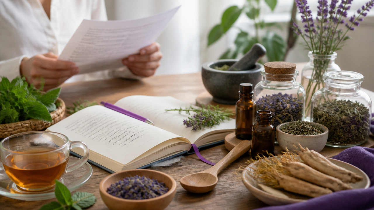 Bancada com ervas, chá e materiais de consulta, ilustrando o uso responsável de plantas medicinais no dia a dia.