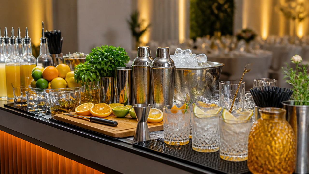 Bancada de bar organizada com utensílios, frutas e copos pronta para serviço em evento
