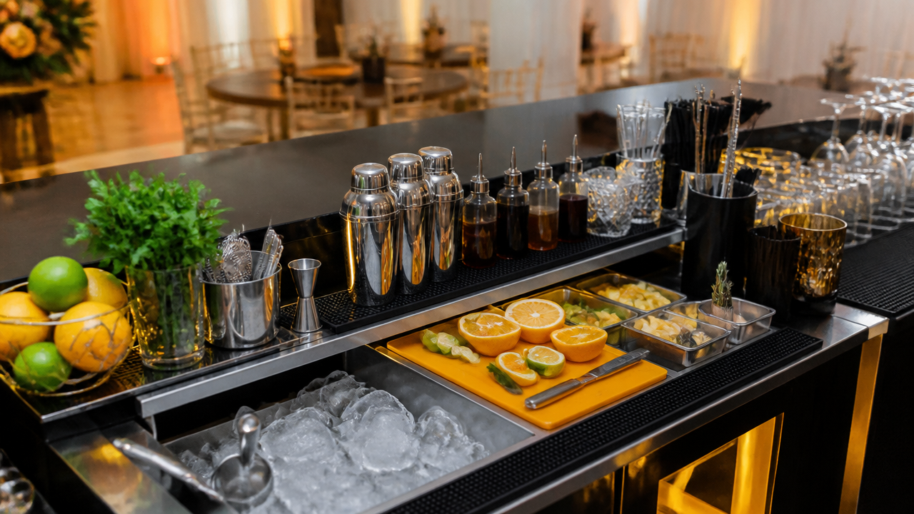Bancada de bar organizada para evento com utensílios de bartender e ingredientes para drinks