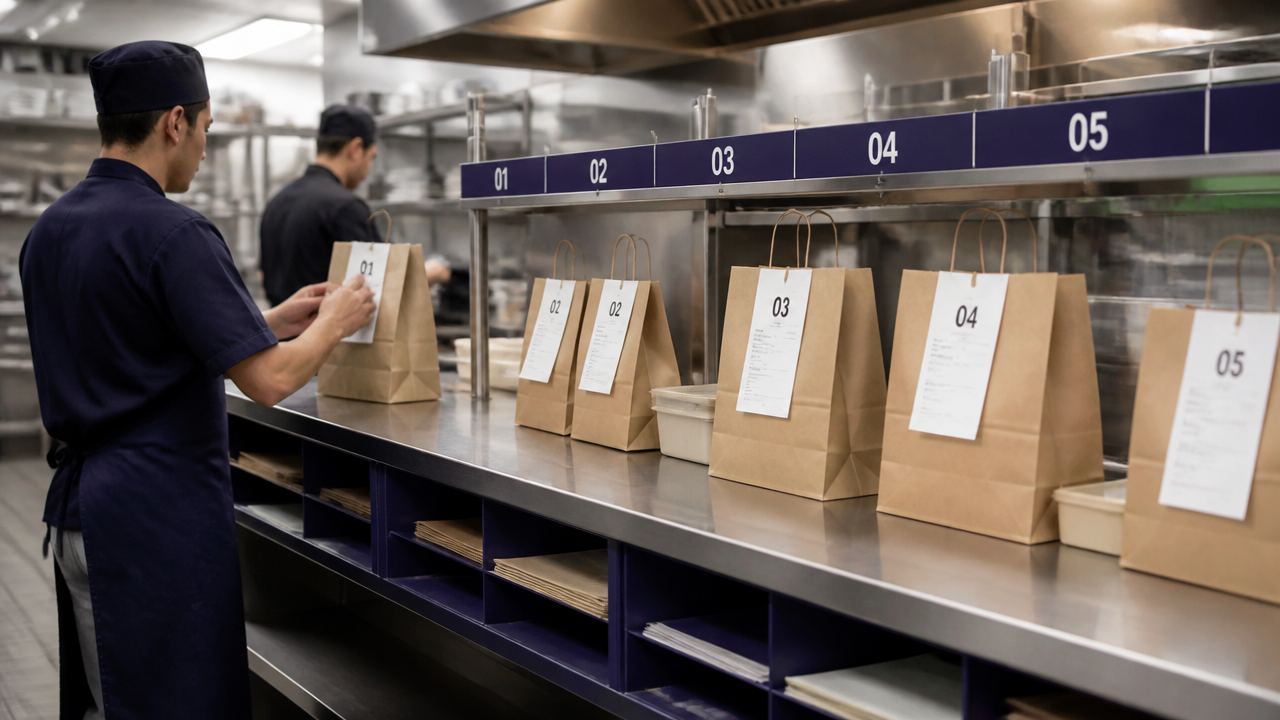 Bancada de expedição com pedidos de delivery separados e organizados por horário e canal