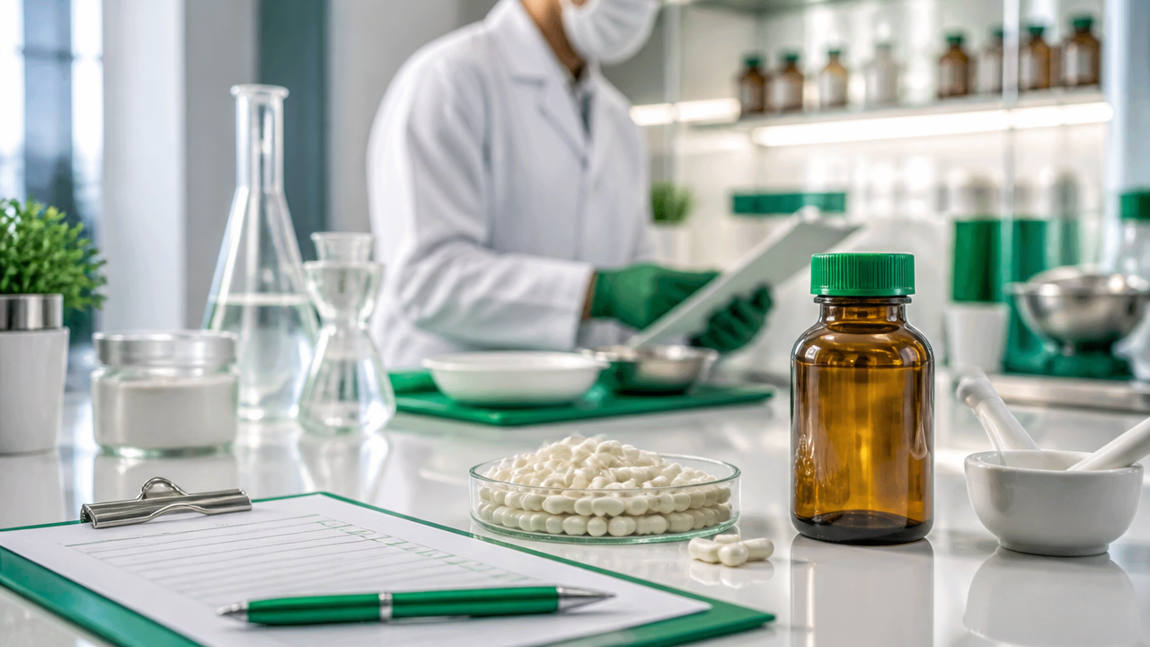 Bancada de laboratório magistral com receita, cápsulas neutras e itens de controle de qualidade