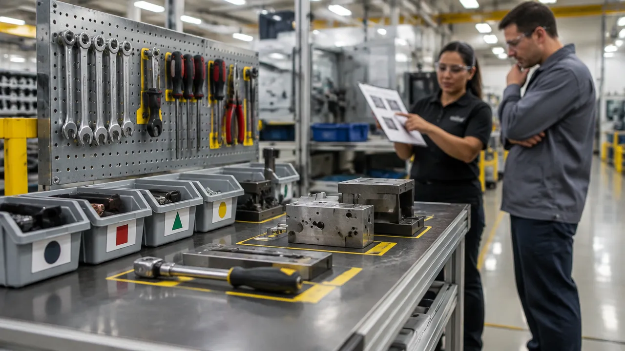 Bancada industrial padronizada com ferramentas organizadas enquanto uma colaboradora demonstra o novo método de trabalho