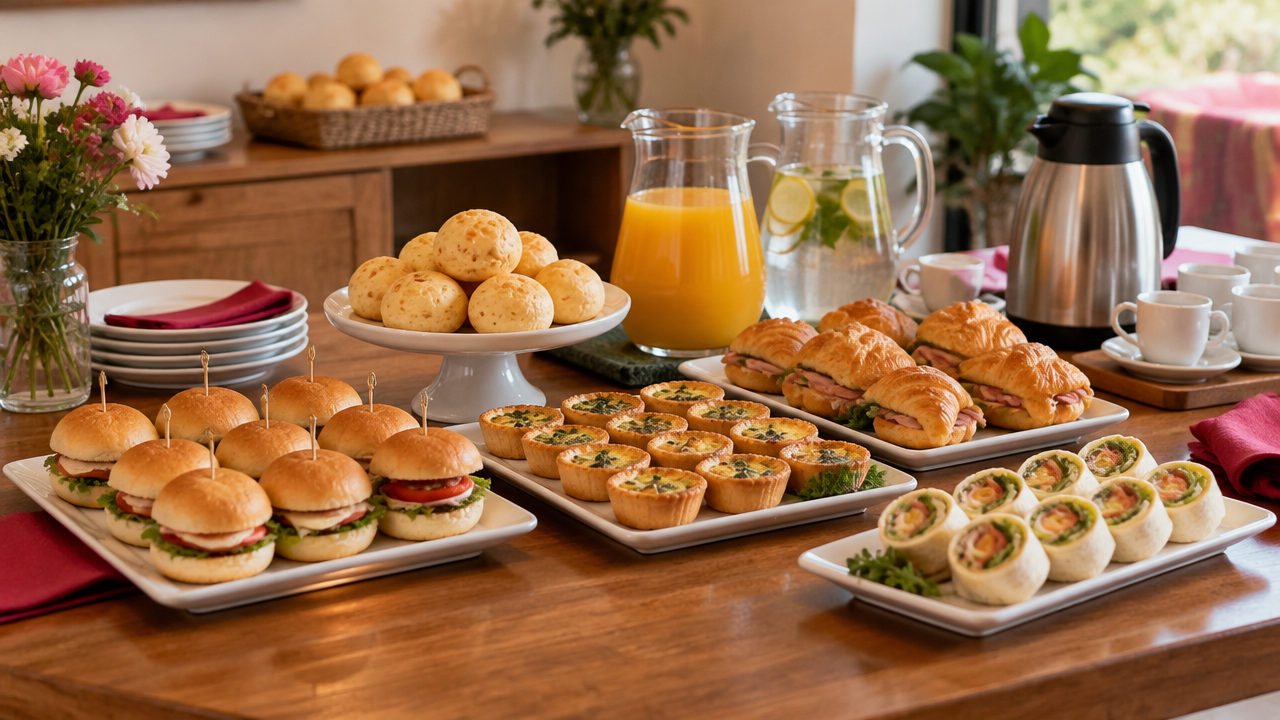 Bandejas com minissanduíches, pão de queijo, miniquiches e croissants salgados ao lado de água, suco e café.