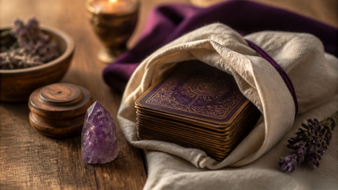 Baralho de tarot antigo guardado em tecido natural ao lado de cristal em ambiente sereno