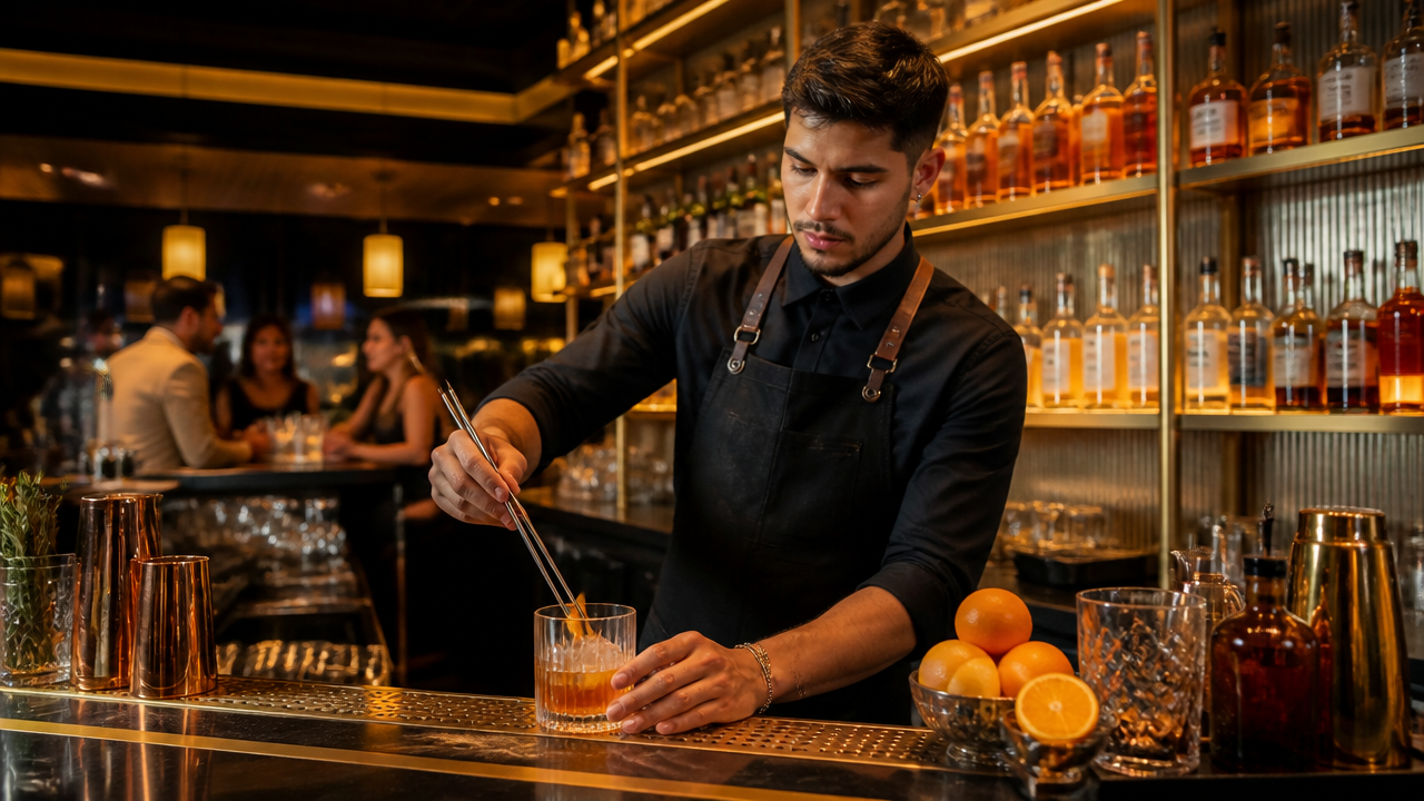 Bartender em início de carreira preparando um coquetel em bar sofisticado, representando oportunidades no mercado de trabalho