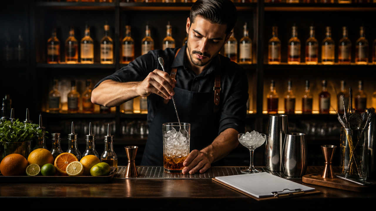 Bartender em treinamento preparando drink clássico em estação de bar organizada