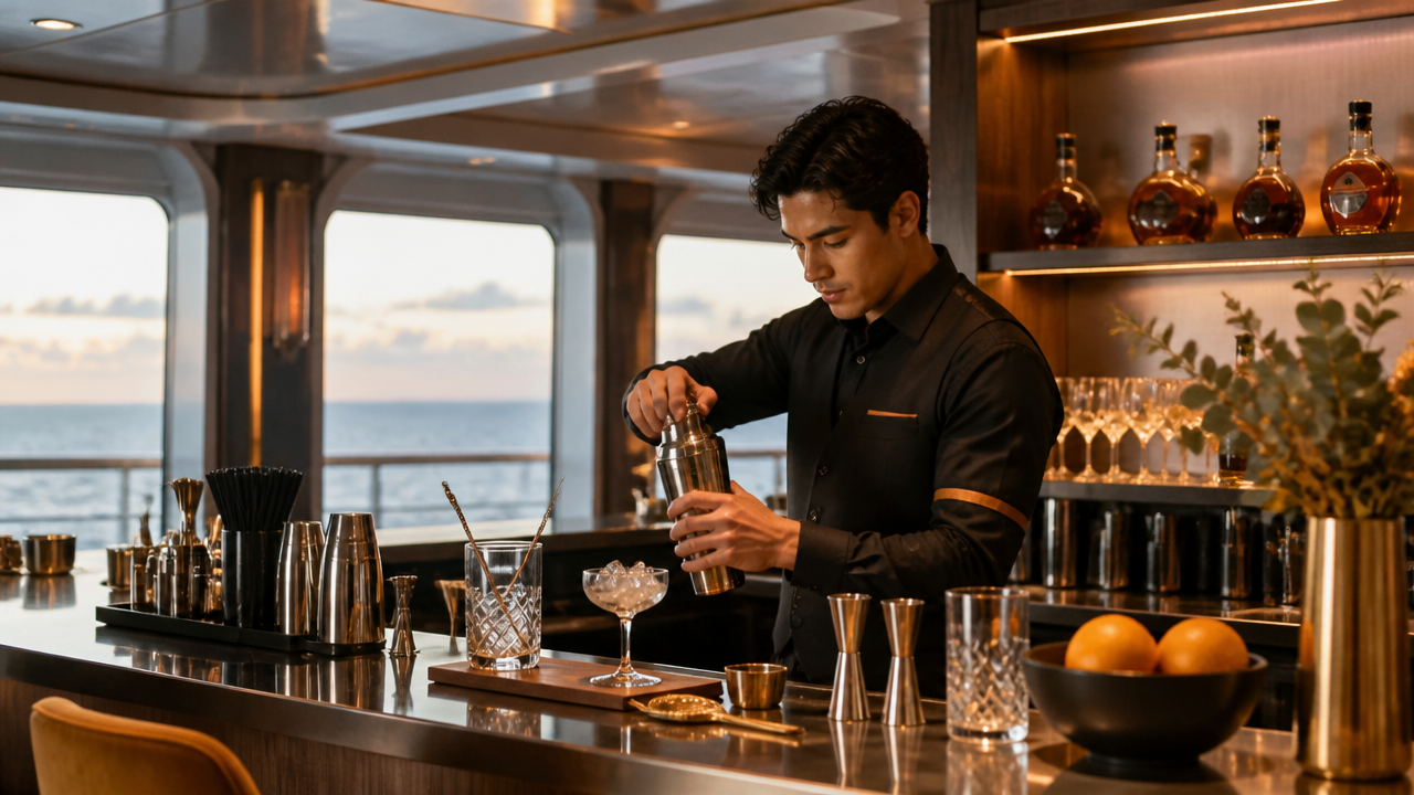 Bartender em treinamento profissional preparando coquetéis em ambiente que remete a cruzeiro.