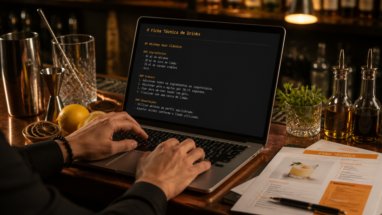 Bartender organizando fichas técnicas de drinks em markdown no notebook.