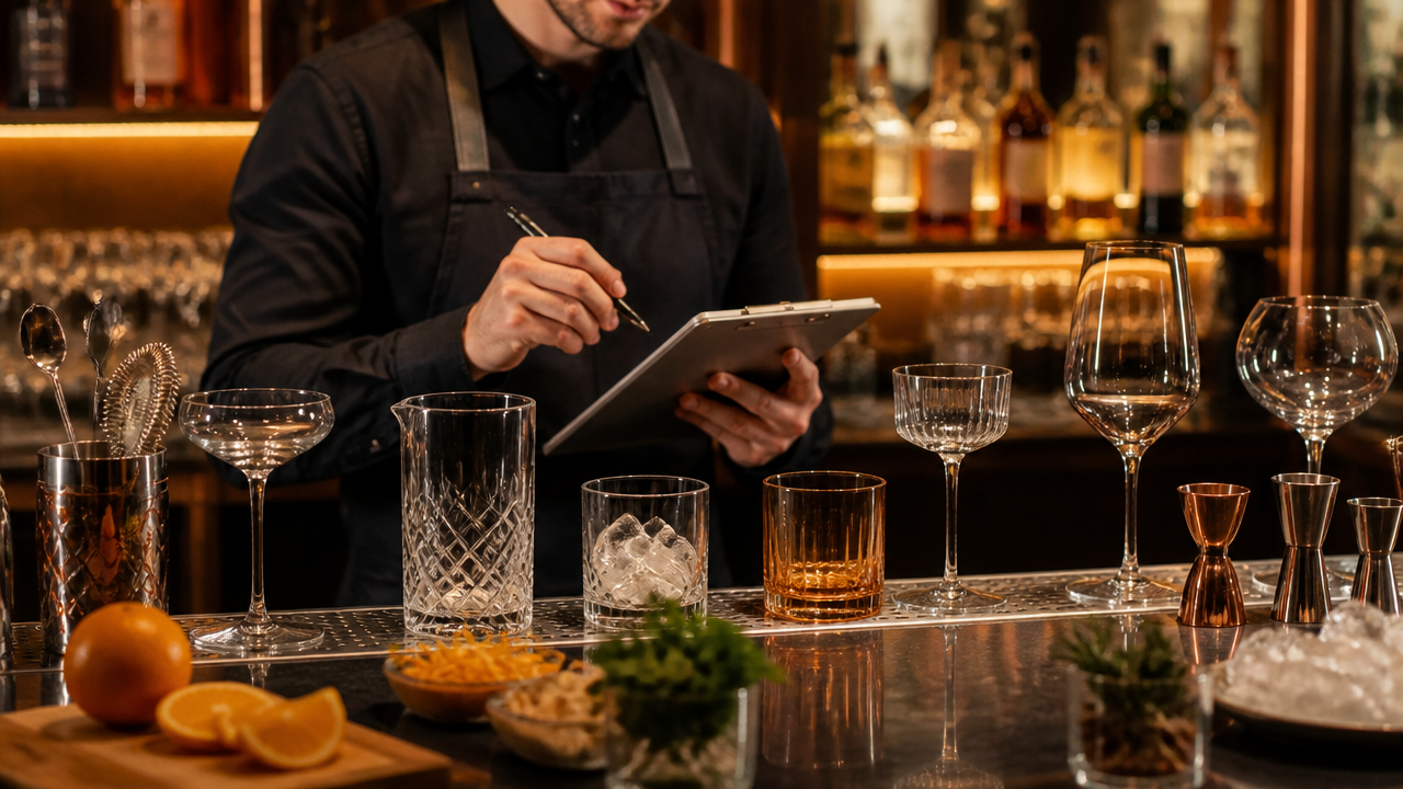Bartender organizando uma carta de drinks profissional em estação de bar elegante