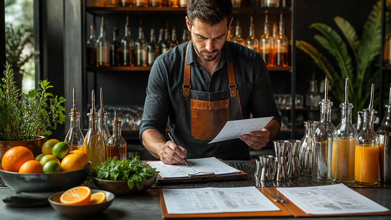 Bartender planejando ficha técnica e seleção de ingredientes para carta de drinks
