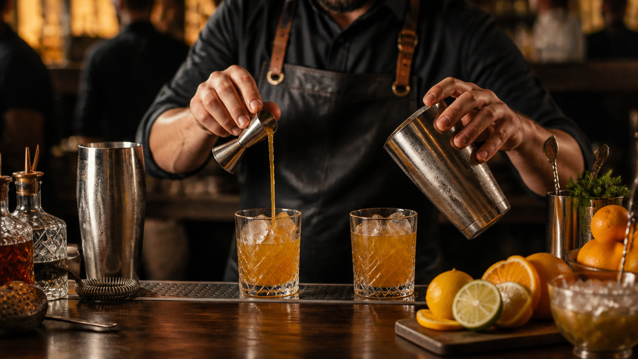 Bartender preparando drinks com utensílios profissionais e bancada organizada em momento de alta demanda