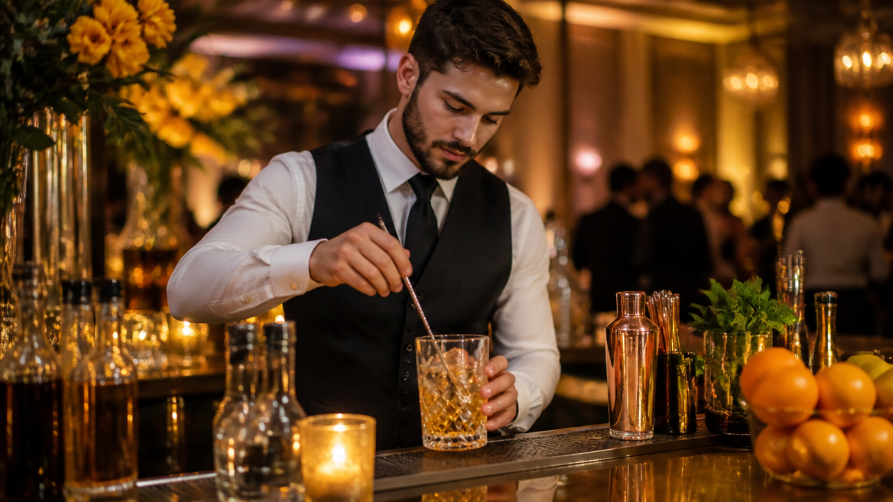 Bartender profissional preparando coquetel em evento elegante