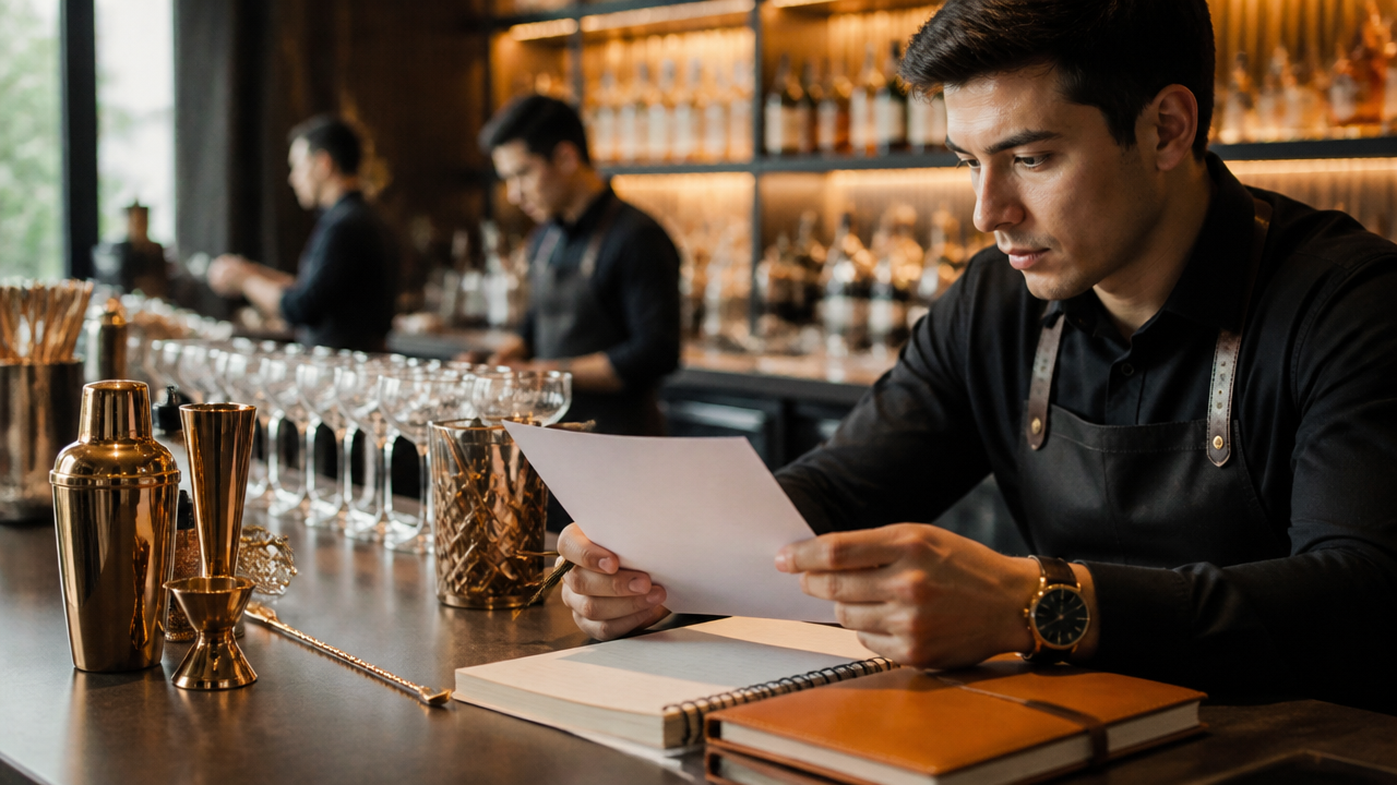 Bartender revisando currículo em bancada de bar profissional com utensílios de coquetelaria ao redor