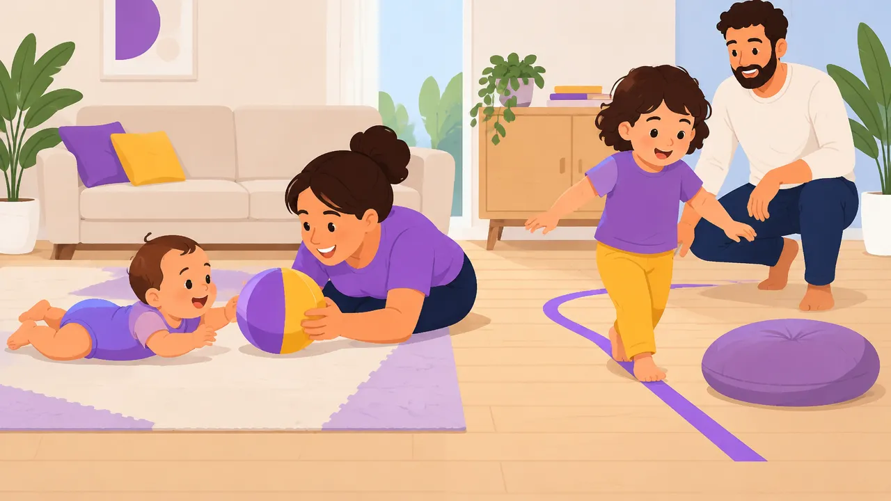 Bebê brinca de bruços com supervisão enquanto criança maior segue uma linha no chão.